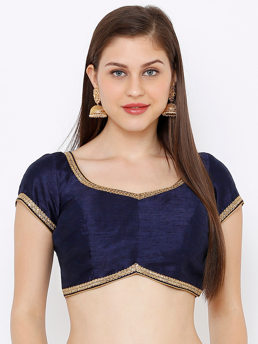 

SALWAR STUDIO Women Navy Blue Solid Dupion Silk Solid Round Neck Readymade Saree Blouse