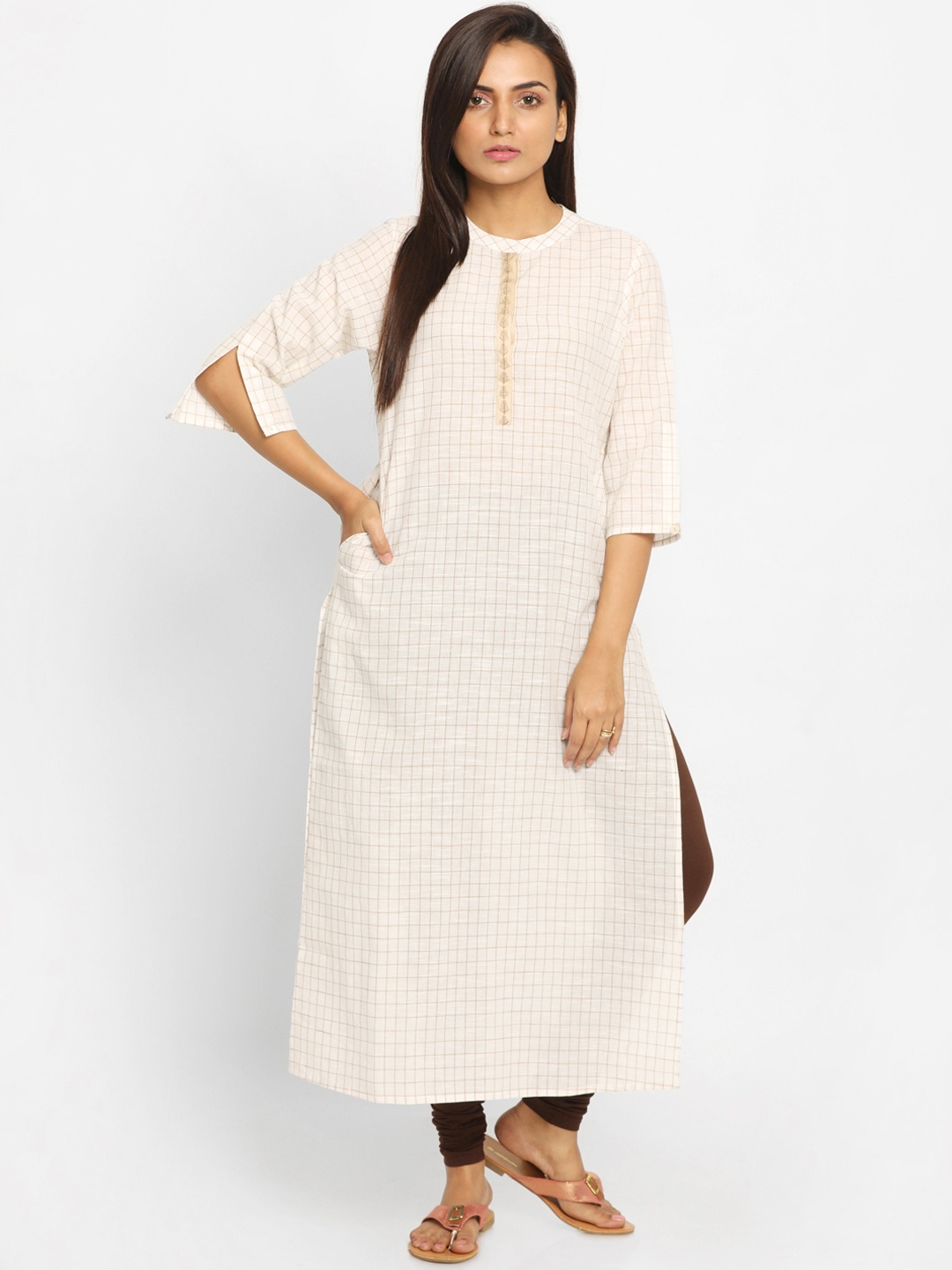 

Nakshi Women Off-White & Beige Checked Straight Kurta