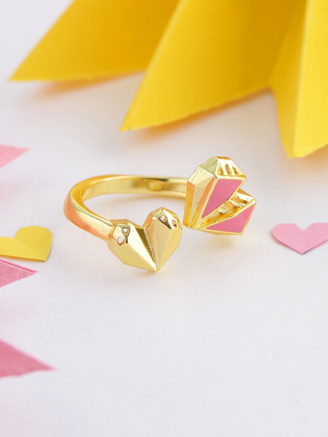 

Voylla Gold-Plated & Pink Mi Amore Heart Motifs Enamelled Handcrafted Statement Finger Ring