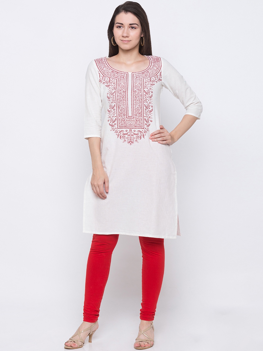 

Globus Women White & Red Yoke Design Straight Kurta