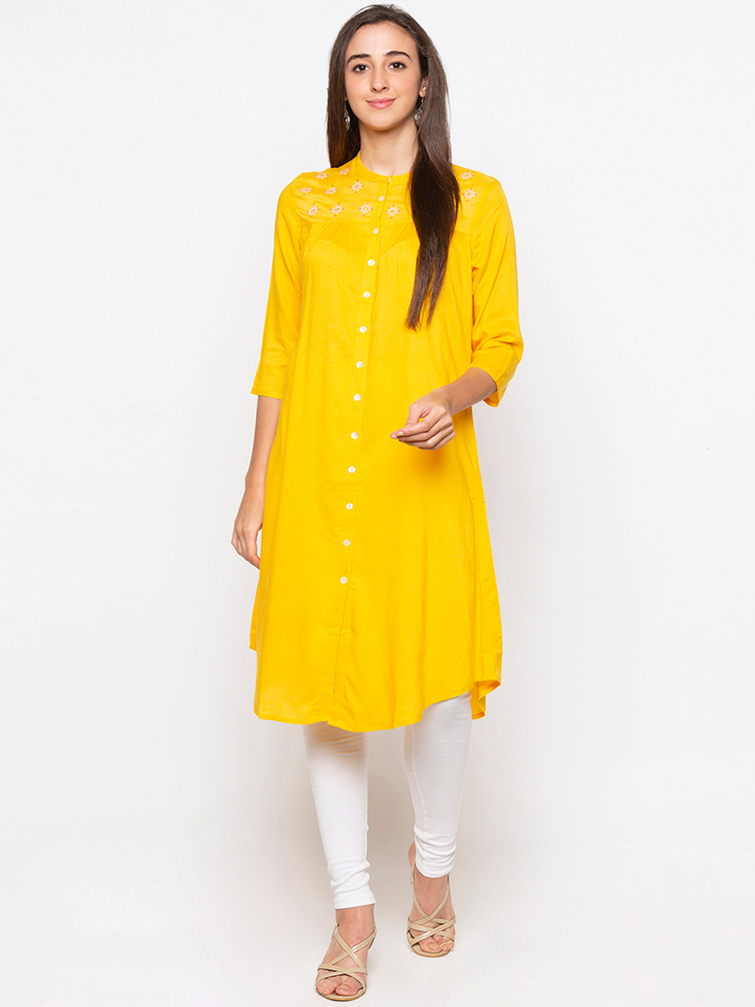 

Globus Women Yellow Embroidered A-Line Kurta