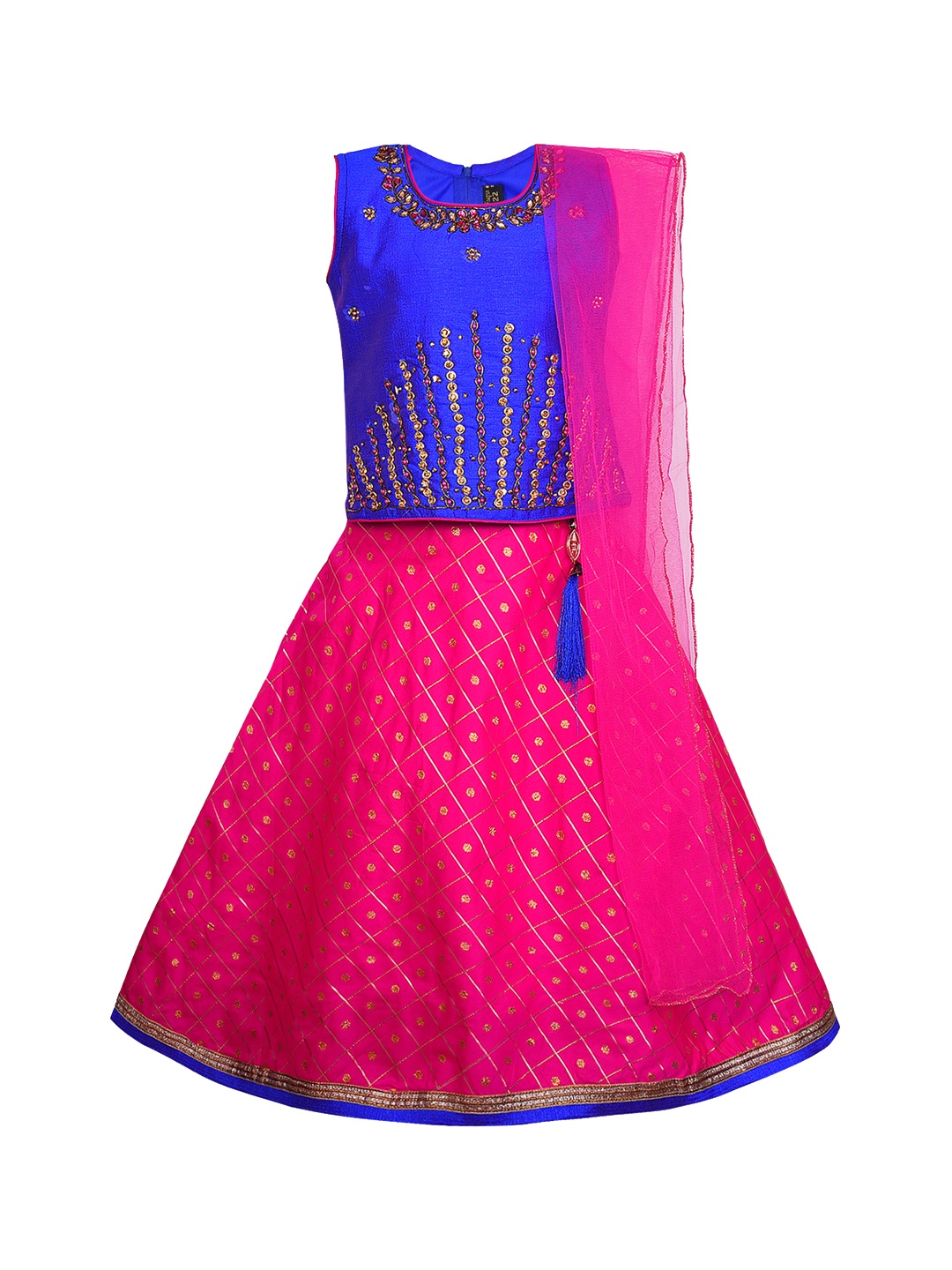 

Wish Karo Girls Blue & Pink Embellished Ready to Wear Pattu Pavadai with Dupatta