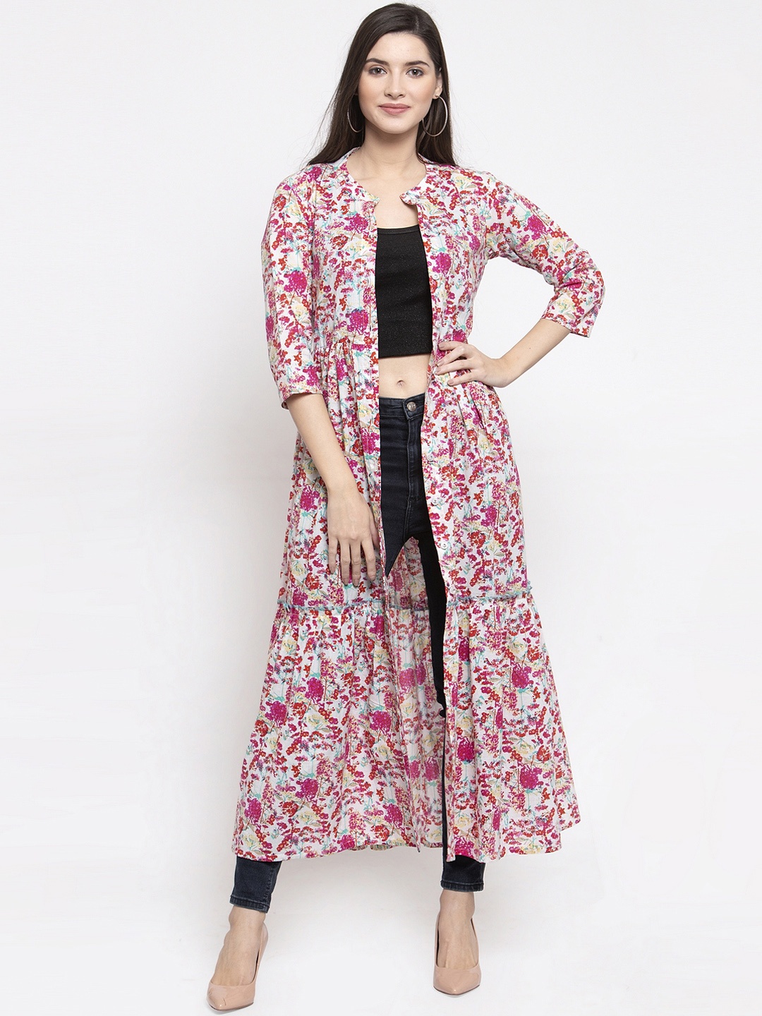 

Indibelle Women Pink Printed Open Front Shrug