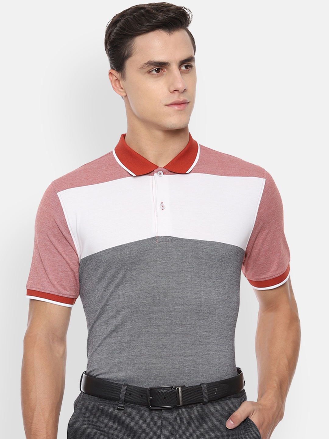

Van Heusen Men Red White Colourblocked Polo Collar Pure Cotton T-shirt