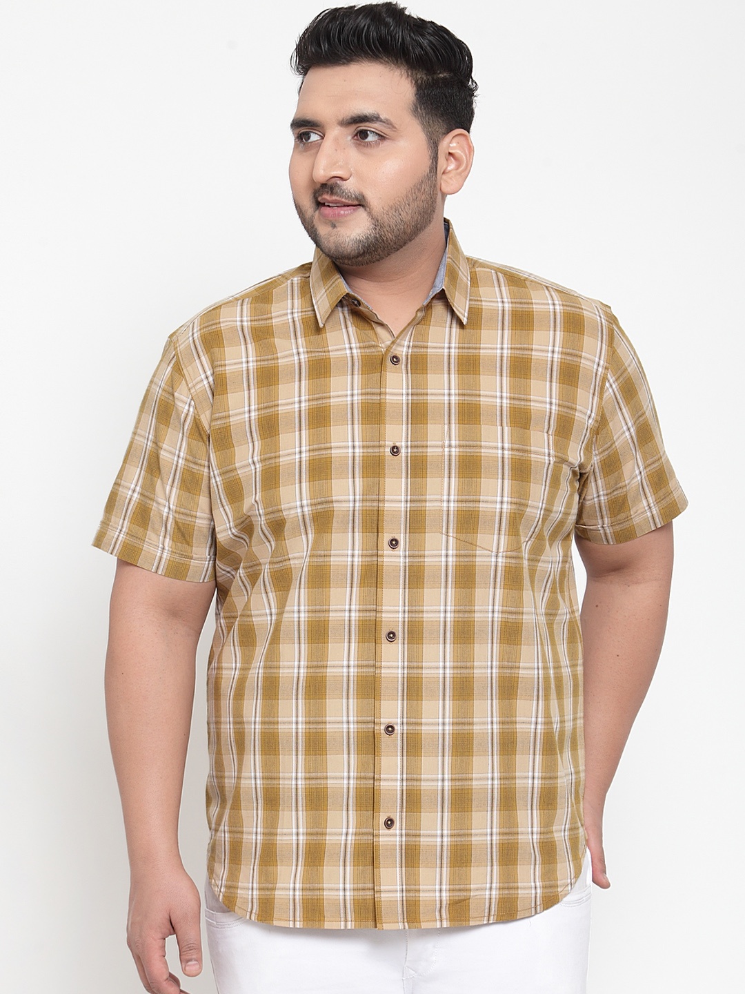 

plusS Men Khaki & White Regular Fit Checked Casual Shirt