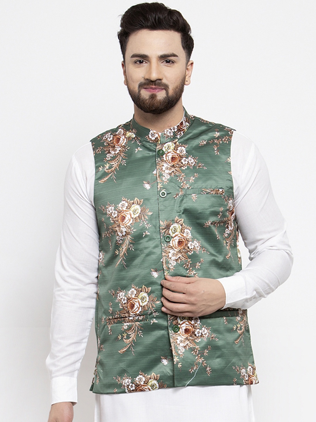 

Jompers Men Green & Brown Printed Satin Nehru Jacket