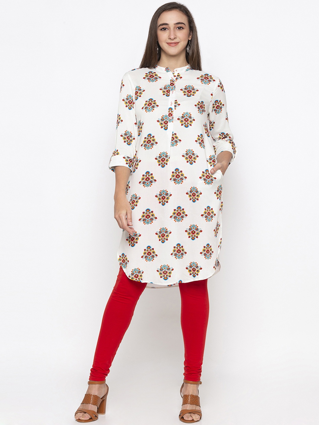 

Globus Women White & Red Printed Straight Kurta
