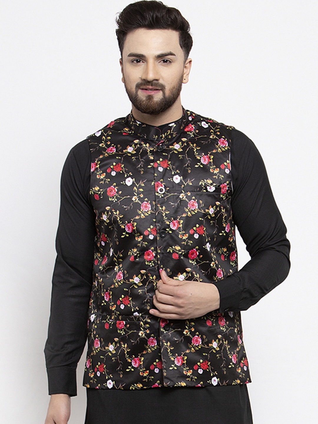 

Jompers Men Black & Pink Printed Nehru Jacket