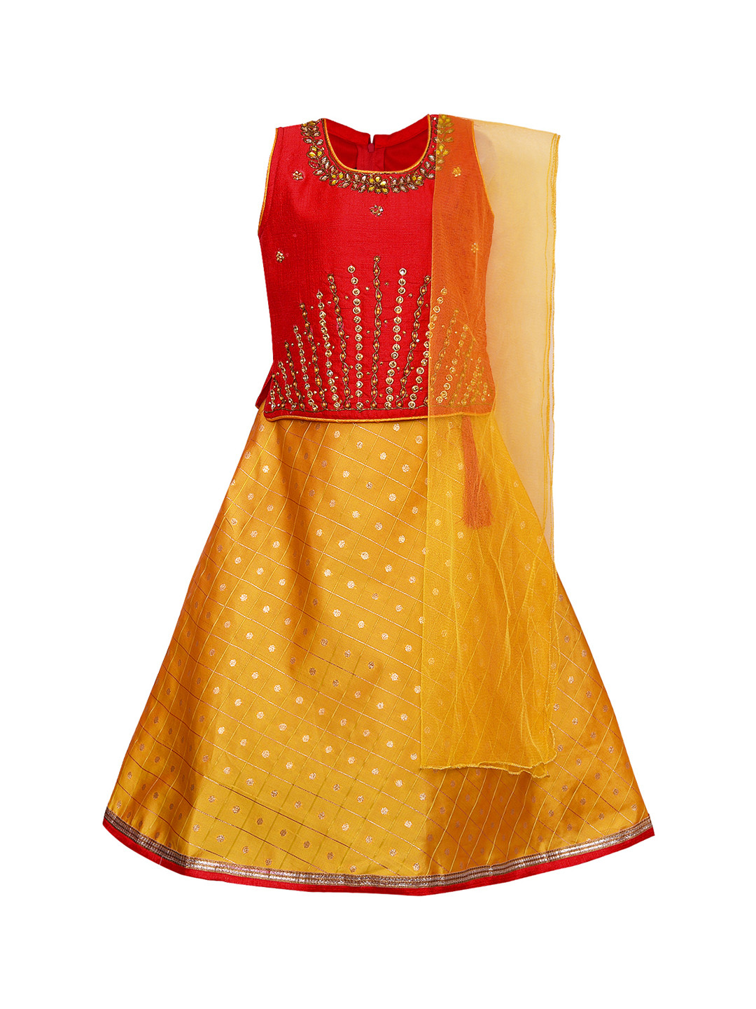 

Wish Karo Girls Red & Yellow Embellished Ready to Wear Pattu Pavadai with Dupatta