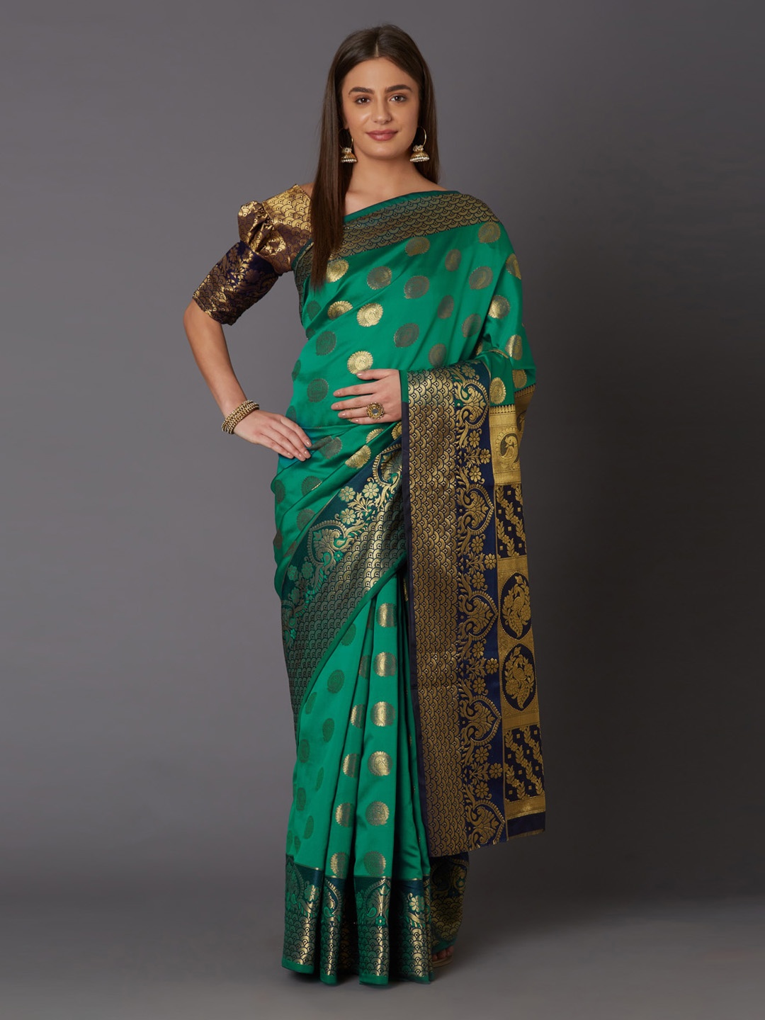 

Mitera Green & Gold-Coloured Silk Blend Woven Design Banarasi Saree