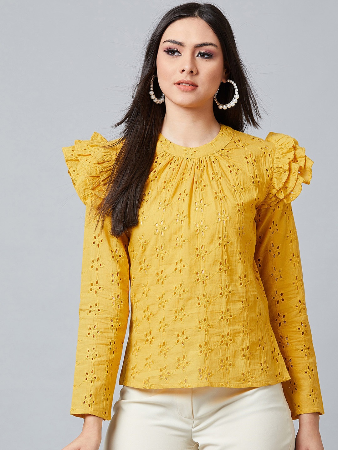 

Athena Women Yellow Schiffli Self Design A-Line Top