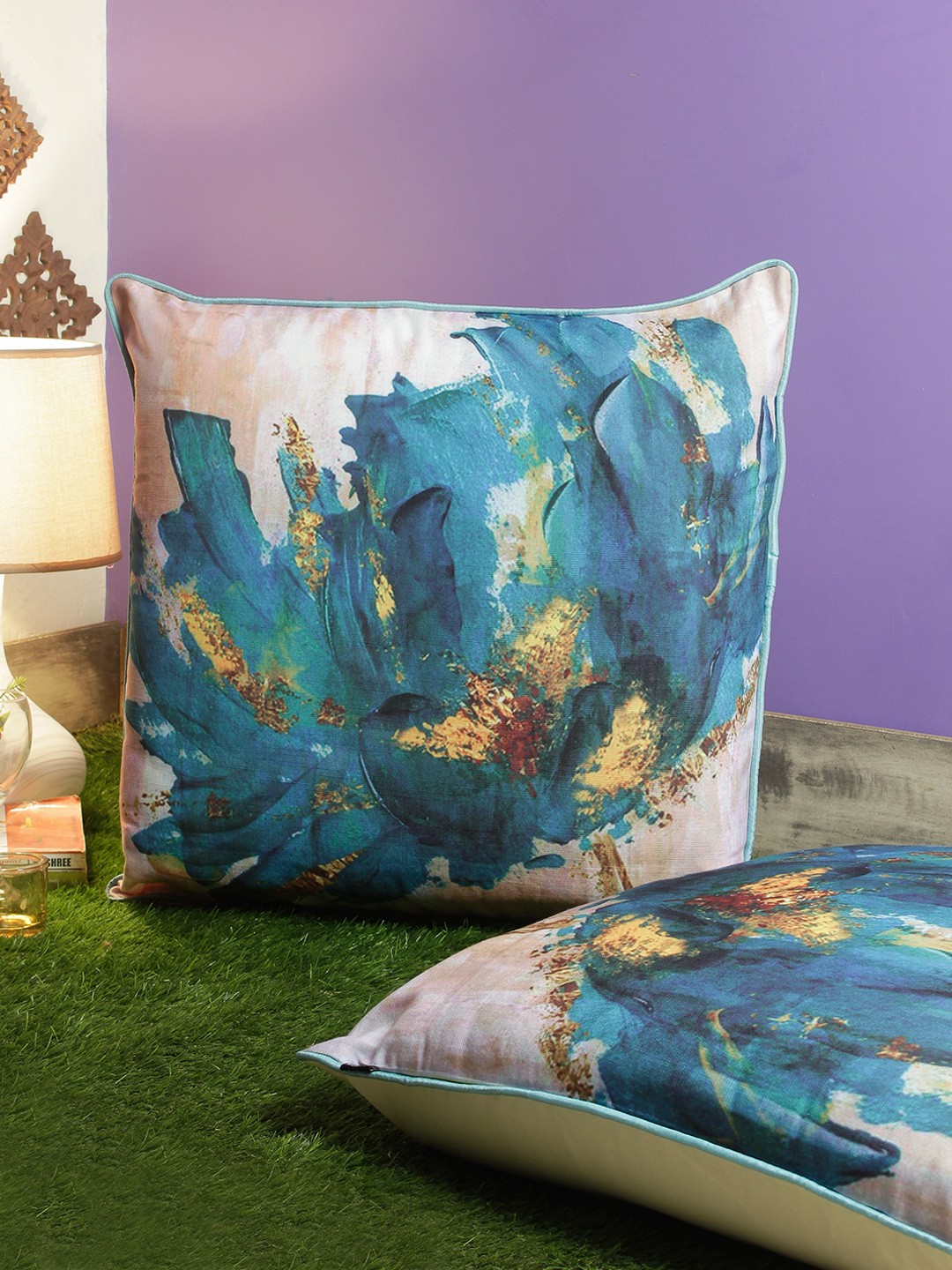 

Soumya Set of 2 Blue & Beige Abstract Square Cushion Covers