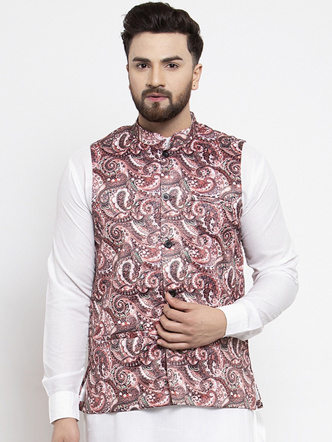 

Jompers Men Brown & Beige Printed Nehru Jacket