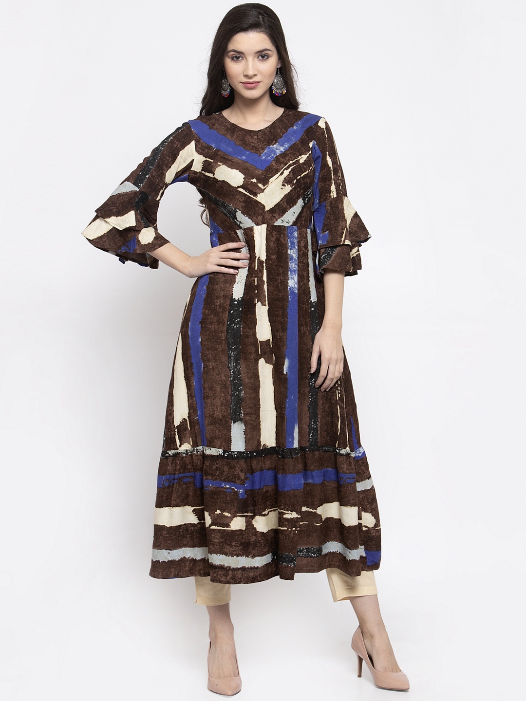 

Indibelle Women Brown & Beige Printed Kurta with Trousers