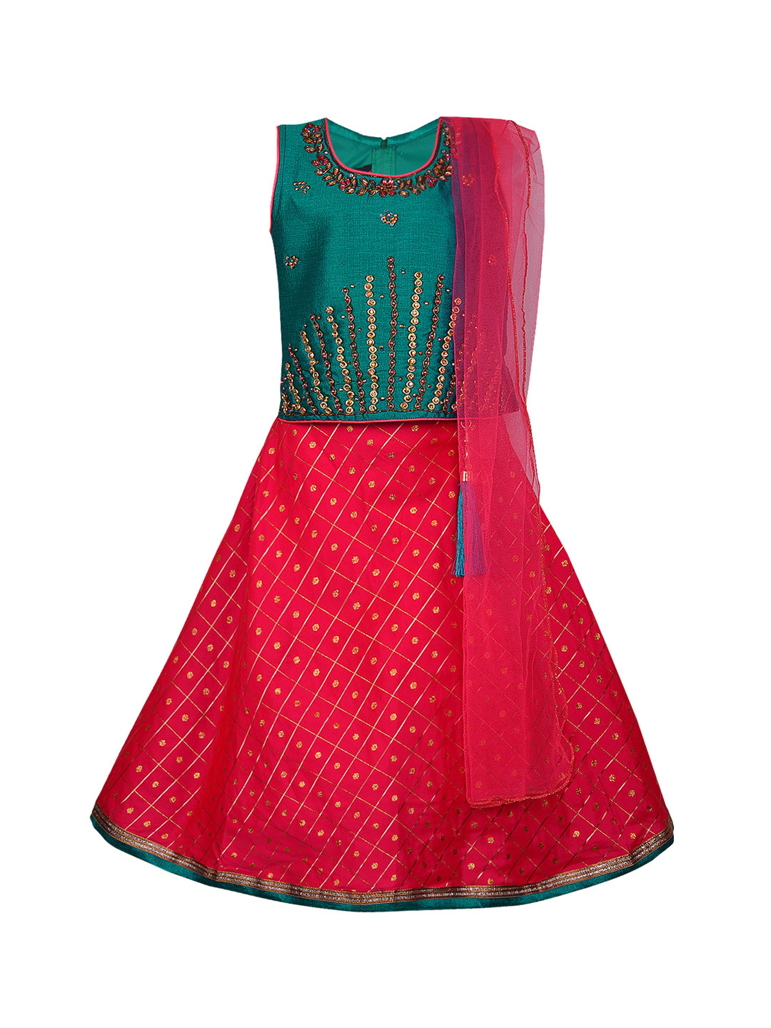 

Wish Karo Girls Green & Pink Embellished Ready to Wear Lehenga & Blouse with Dupatta