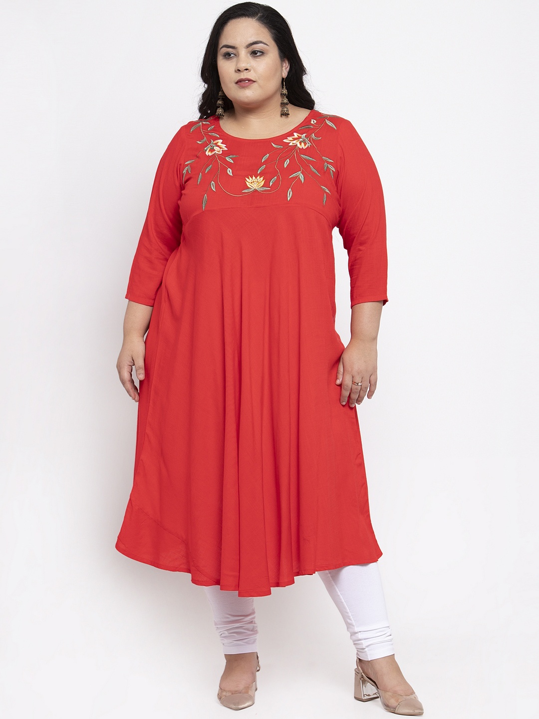 

plusS Women Red Embroidered A-Line Kurta