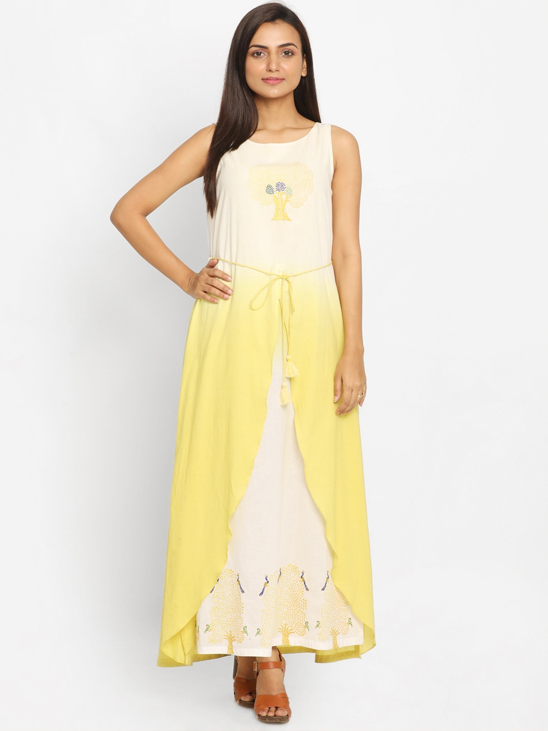 

Nakshi Women Yellow & Off-White Colourblocked A-Line Kurta
