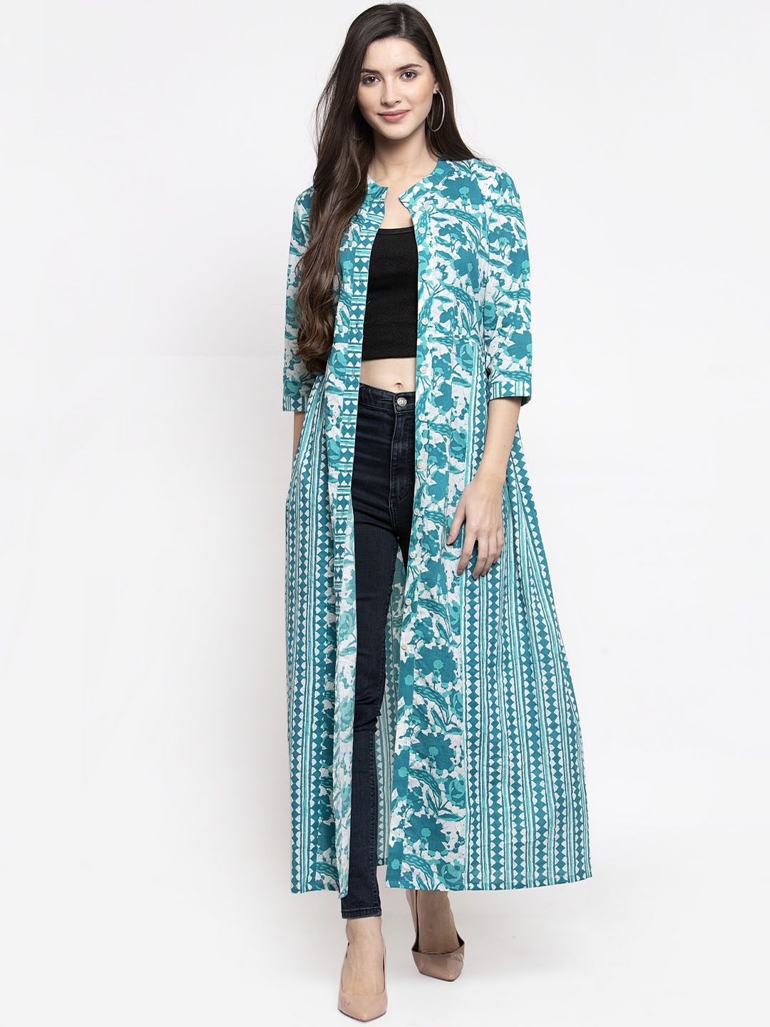 

Indibelle Women Turquoise Blue & Off-White Printed Open Front Shrug