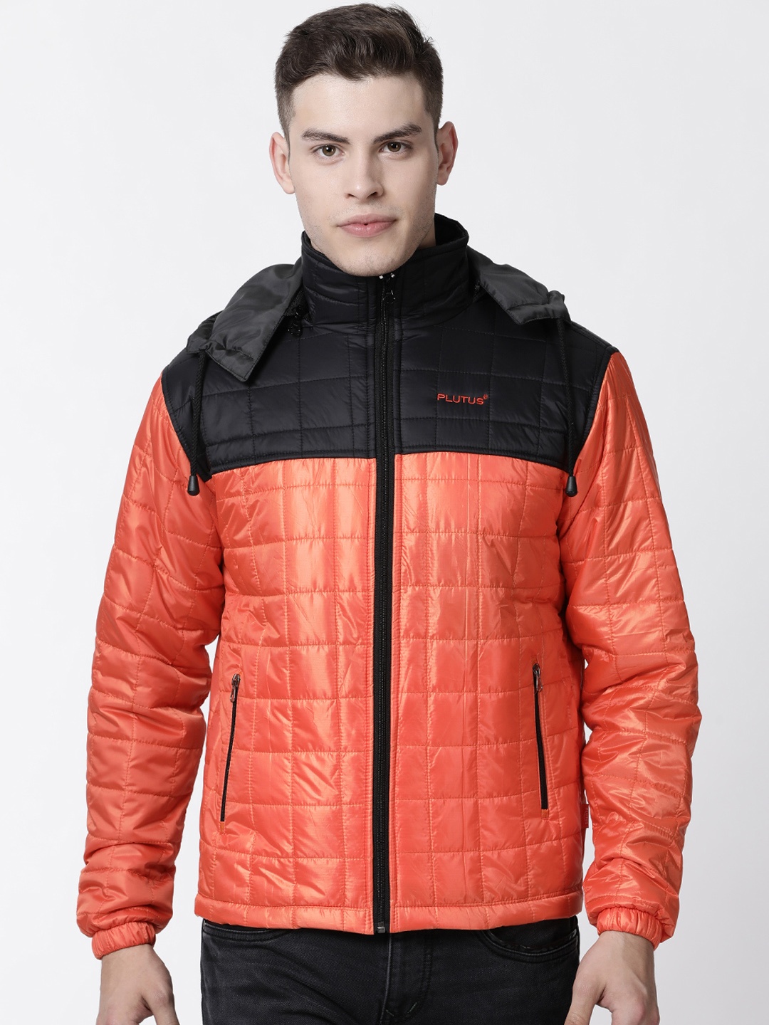 

Plutus Women Orange & Black Colourblocked Water Resistant Hooded Puffer Jacket