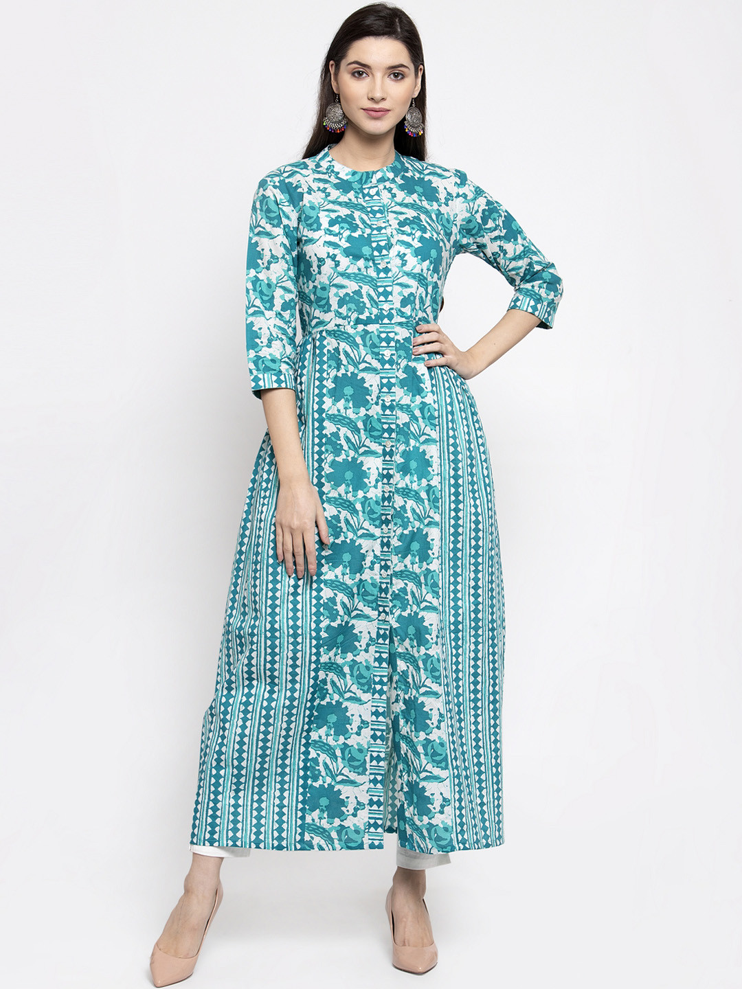 

Indibelle Women Turquoise Blue & White Printed Kurta with Trousers
