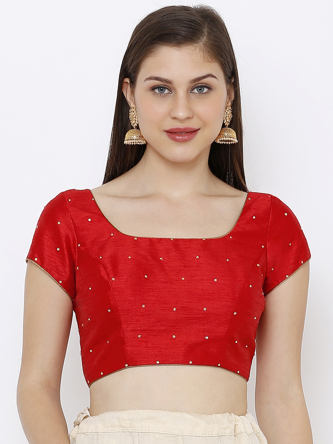 

SALWAR STUDIO Women Red Solid Dupion Silk Square Neck Solid Readymade Saree Blouse