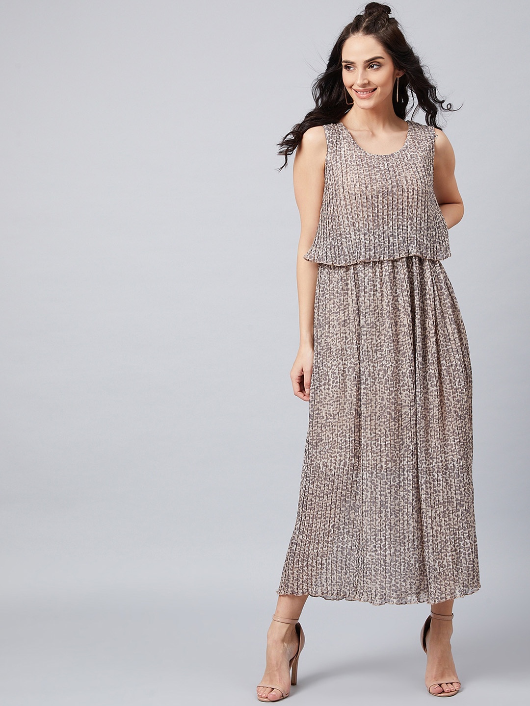 

Athena Women Beige & Grey Animal Printed Fit and Flare Dress