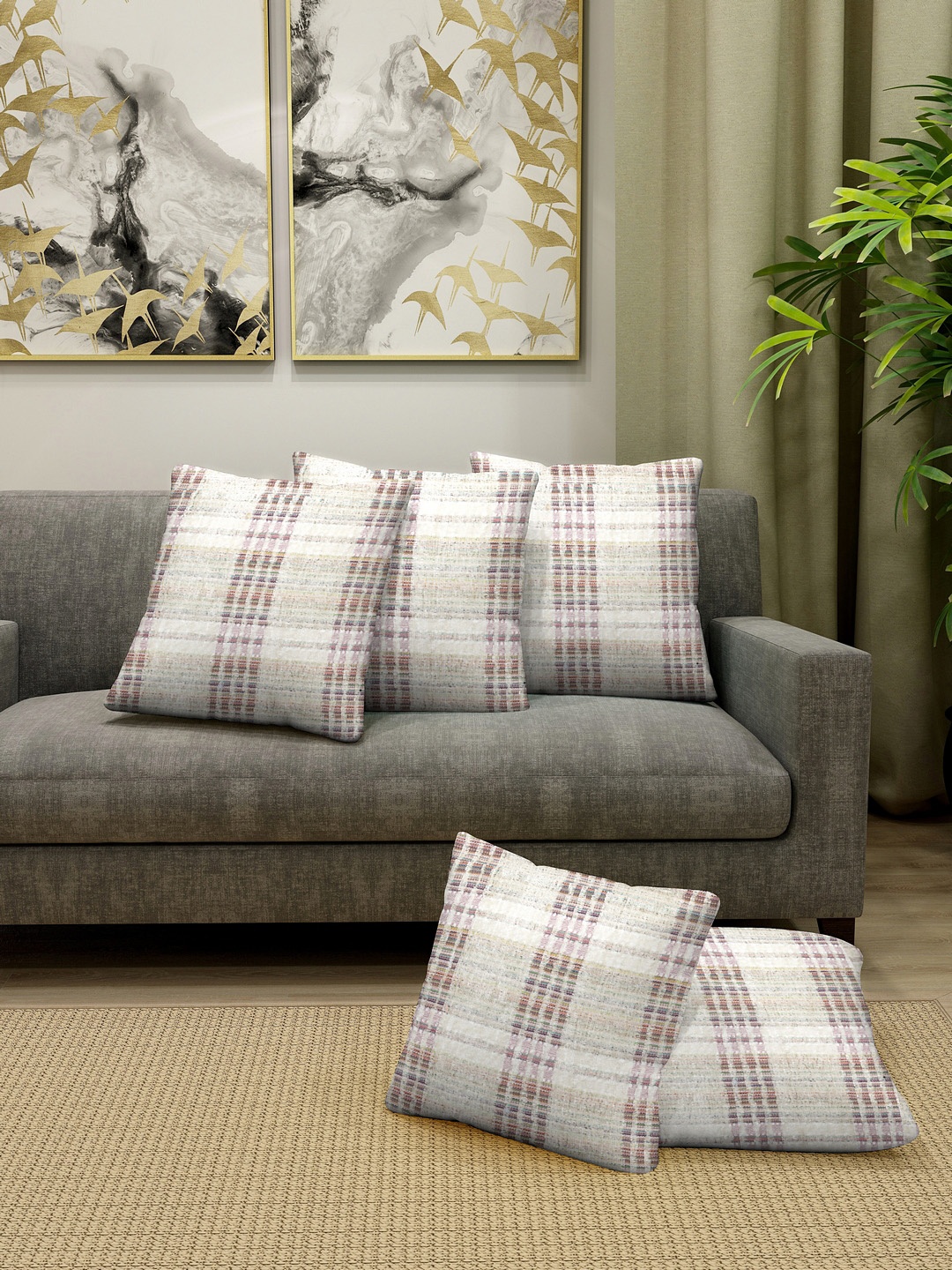 

KLOTTHE Off-White & Brown Set of 5 Checked Square Cushion Covers