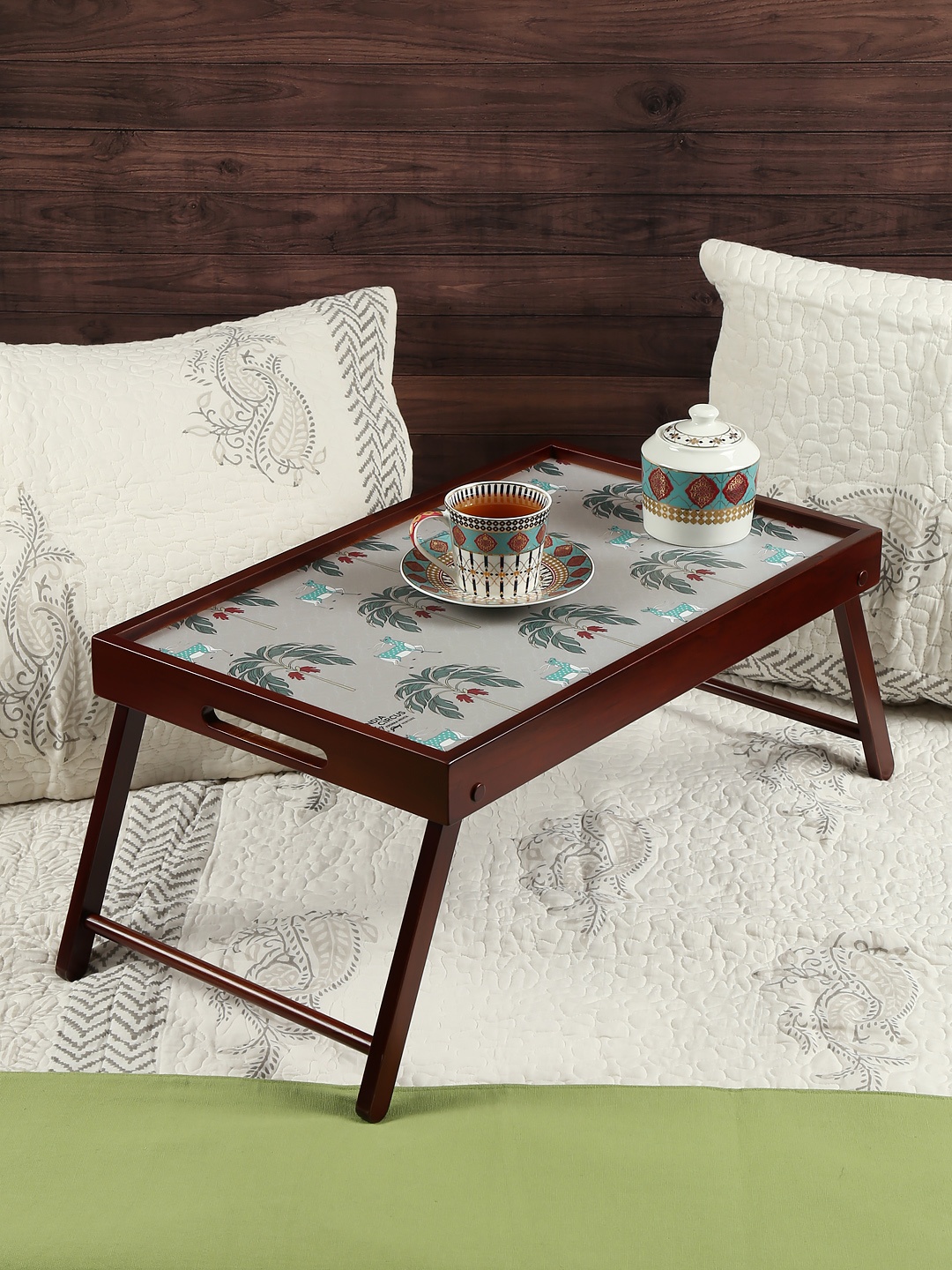 

India Circus by Krsnaa Mehta Deer Park Teak Wood Adjustable Breakfast Tray Table, Grey