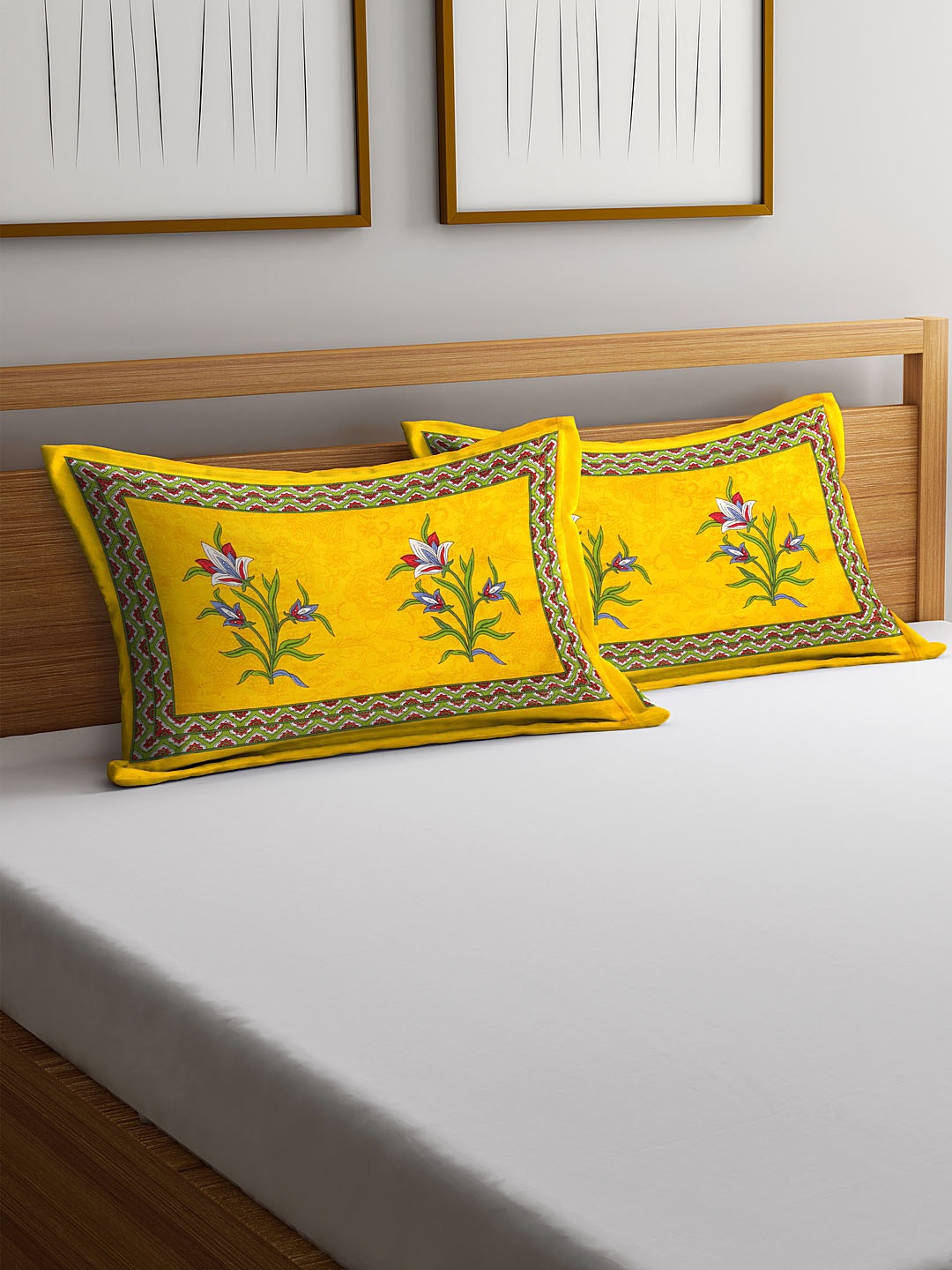 

Rajasthan Decor Set Of 2 Yellow & Green Screen Print Pillow Covers