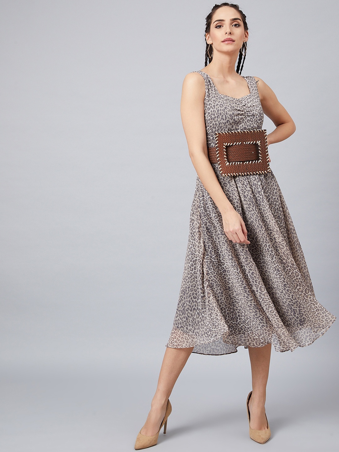 

Athena Women Beige Printed Fit and Flare Dress