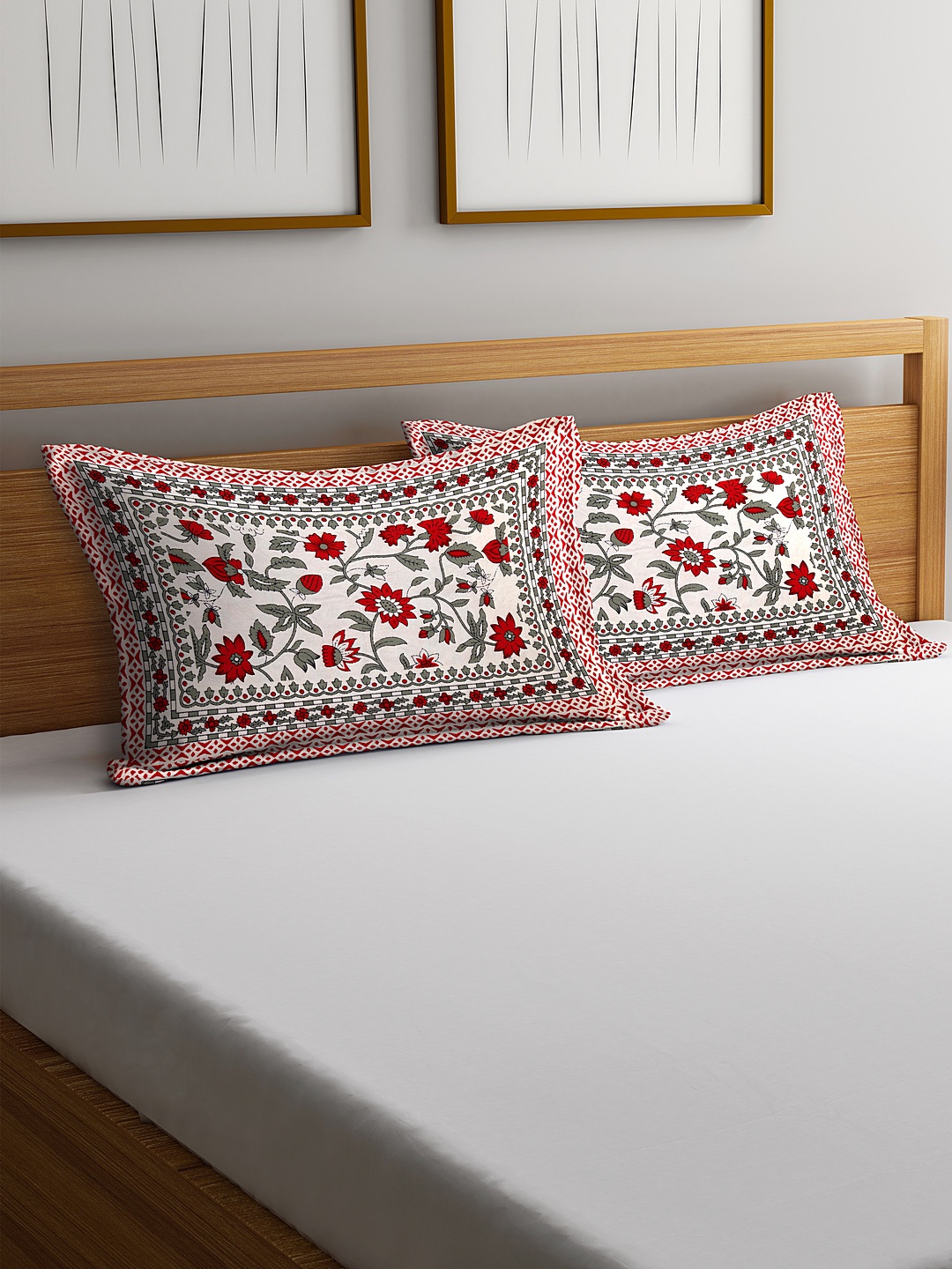 Rajasthan Decor Set of 2 White & Grey Floral Screen Print Pillow Covers