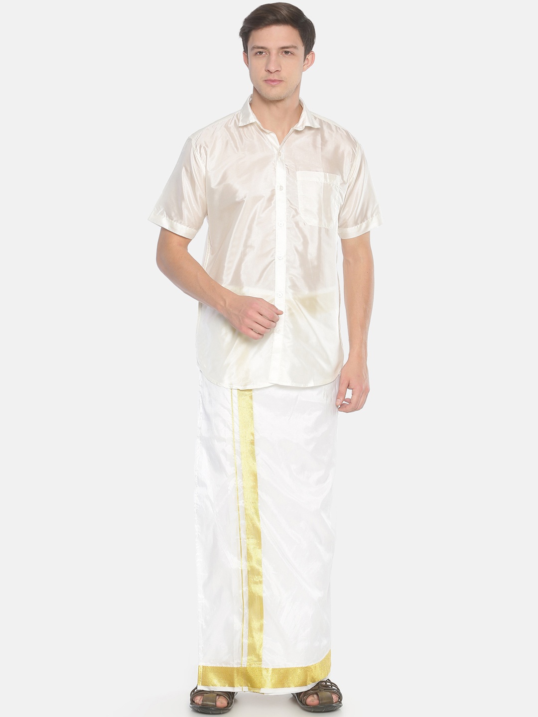 

Sethukrishna Men Cream-Coloured Solid Shirt with Dhoti