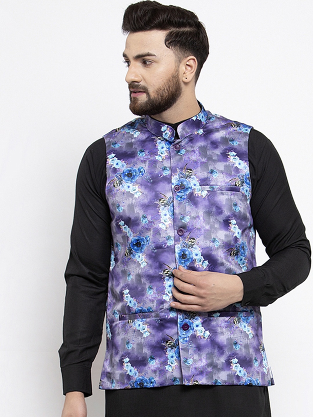 

Jompers Men Purple & Blue Printed Nehru Jacket