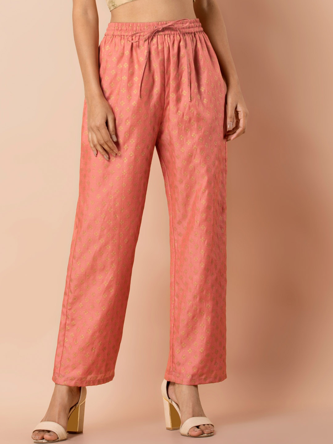 

INDYA Women Peach-Coloured Printed Straight Palazzos