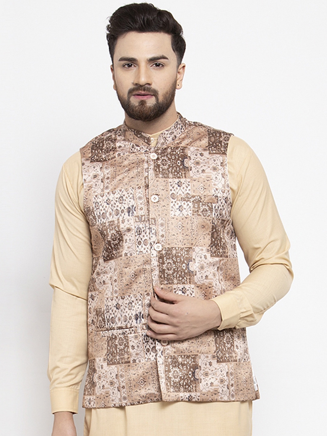 Jompers Men Beige Printed Satin Nehru Jacket