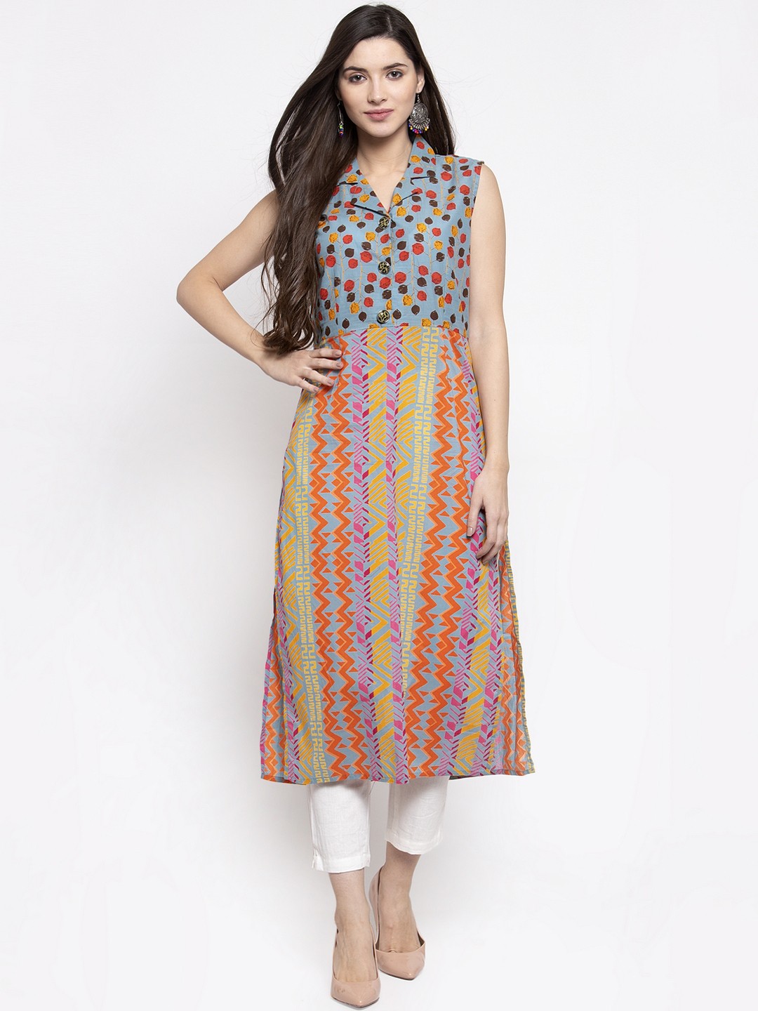 

Indibelle Women Blue & Yellow Printed Kurti with Trousers