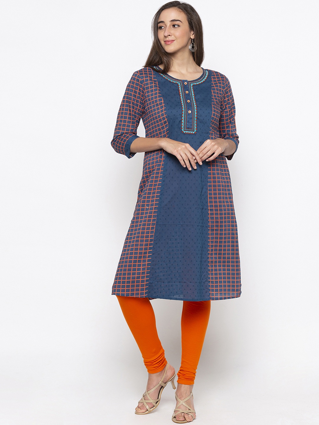 

Globus Women Blue & Orange Checked A-Line Kurta