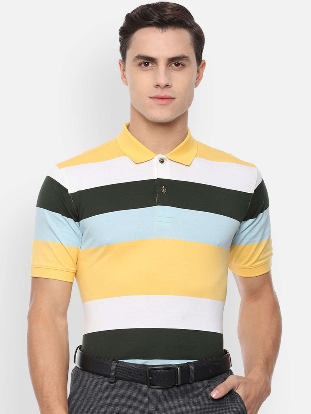 

Van Heusen Men Yellow Green Striped Polo Collar Pure Cotton T-shirt
