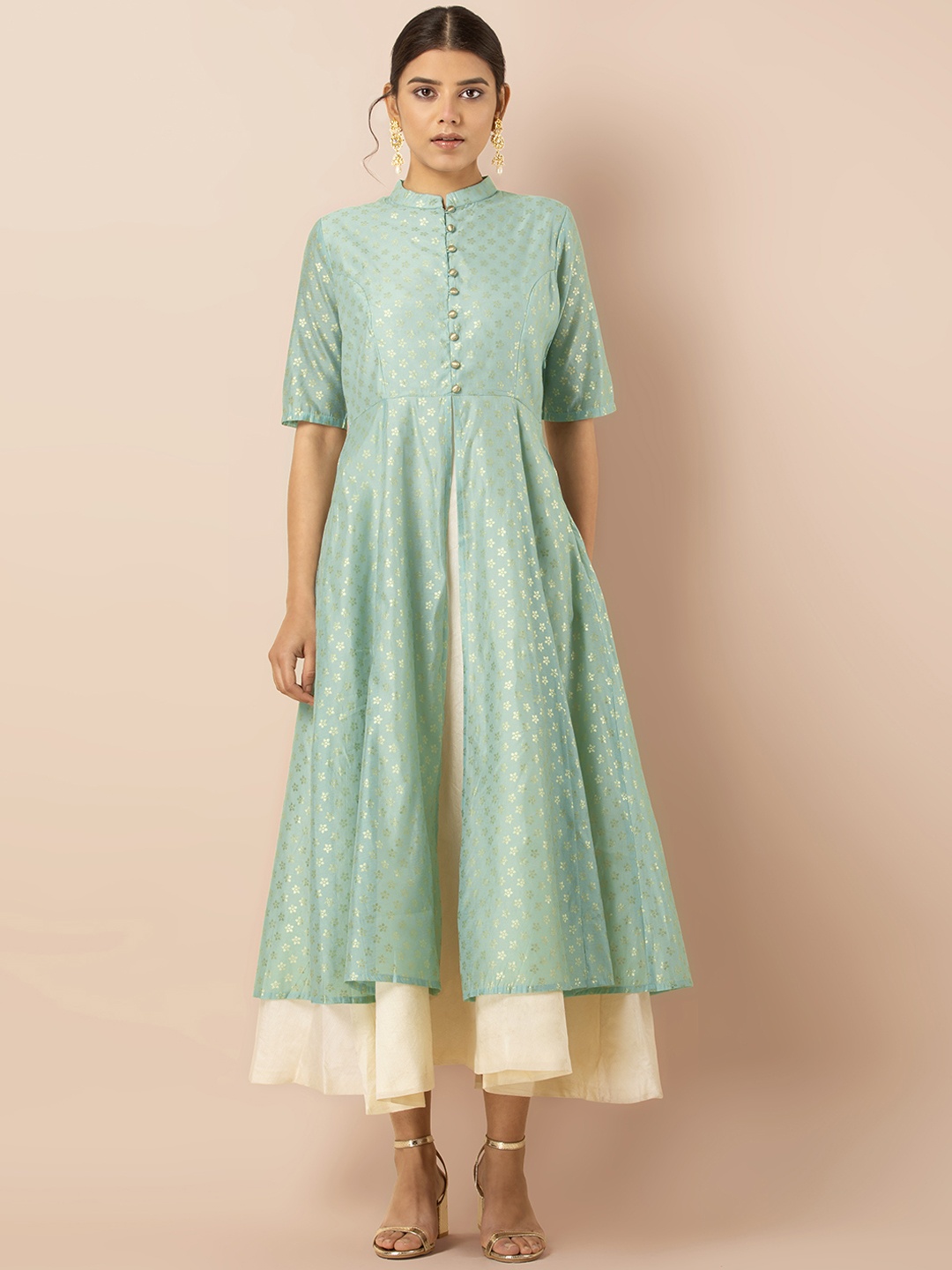 

INDYA Women Aqua Ivory Foil Tunic with Attached Skirt, Green
