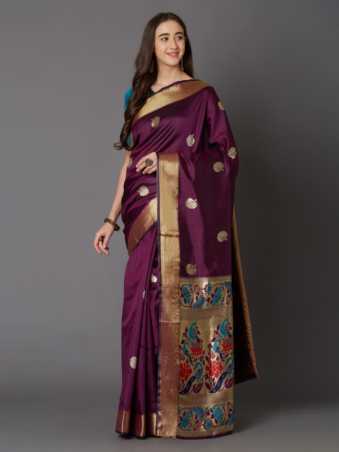 

Mitera Purple & Gold-Coloured Silk Blend Woven Design Banarasi Saree