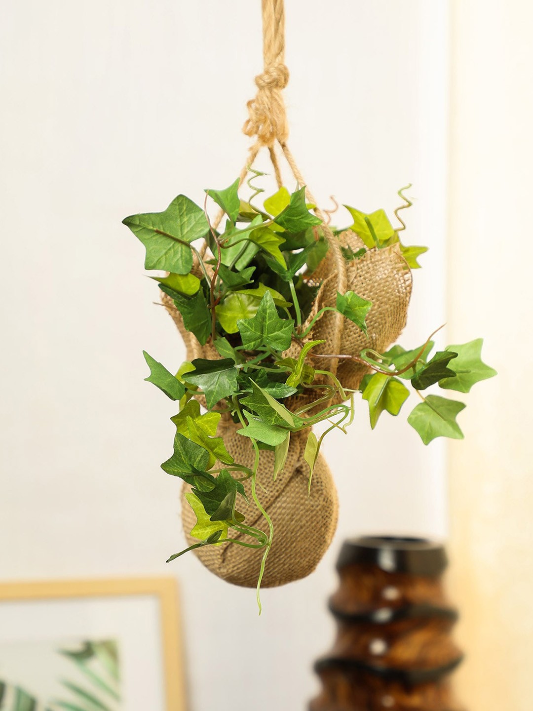 

PolliNation Green Artificial Ivy Hanging Bonsai With Jute Bag