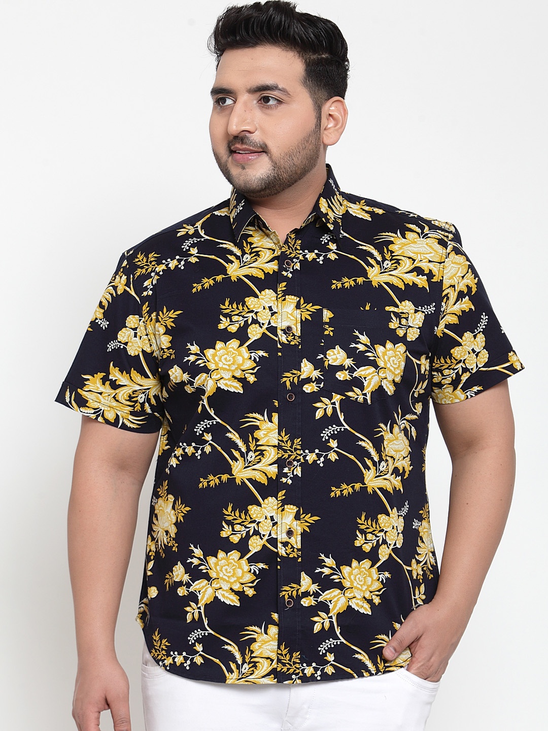 

plusS Men Navy Blue & Yellow Regular Fit Printed Casual Shirt