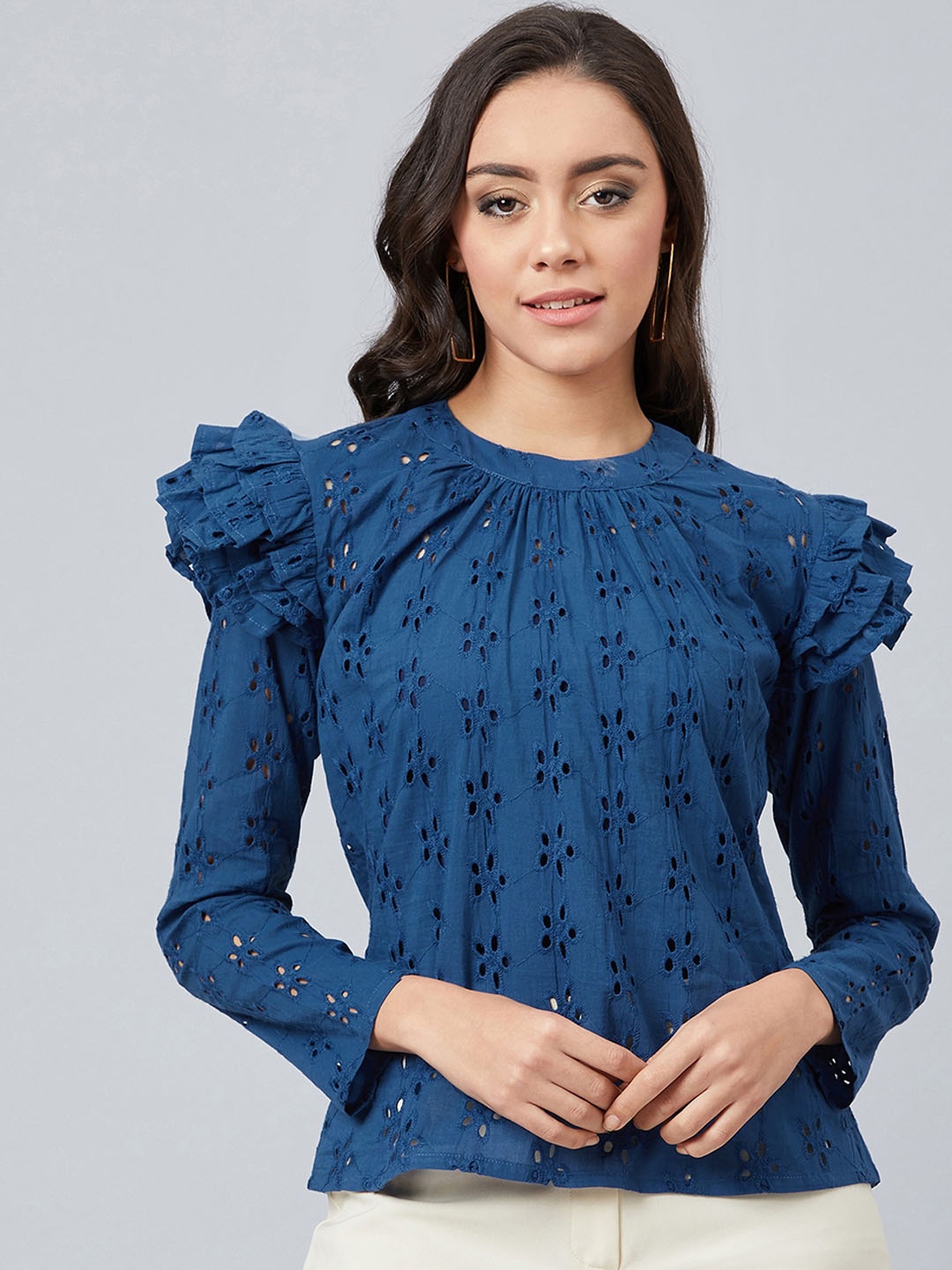 

Athena Women Blue Self Design Schiffli Pure Cotton Top