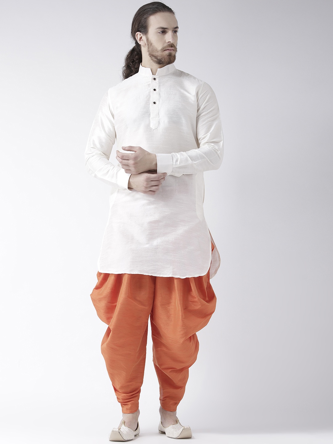 DEYANN Men White & Orange Solid Kurta with Patiala
