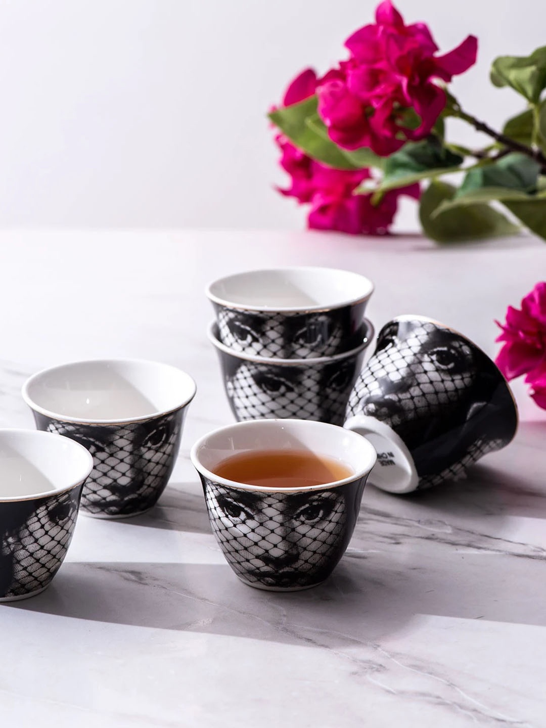 

THEDECORKART Set of 12 Black Printed Ceramic Tea Cups