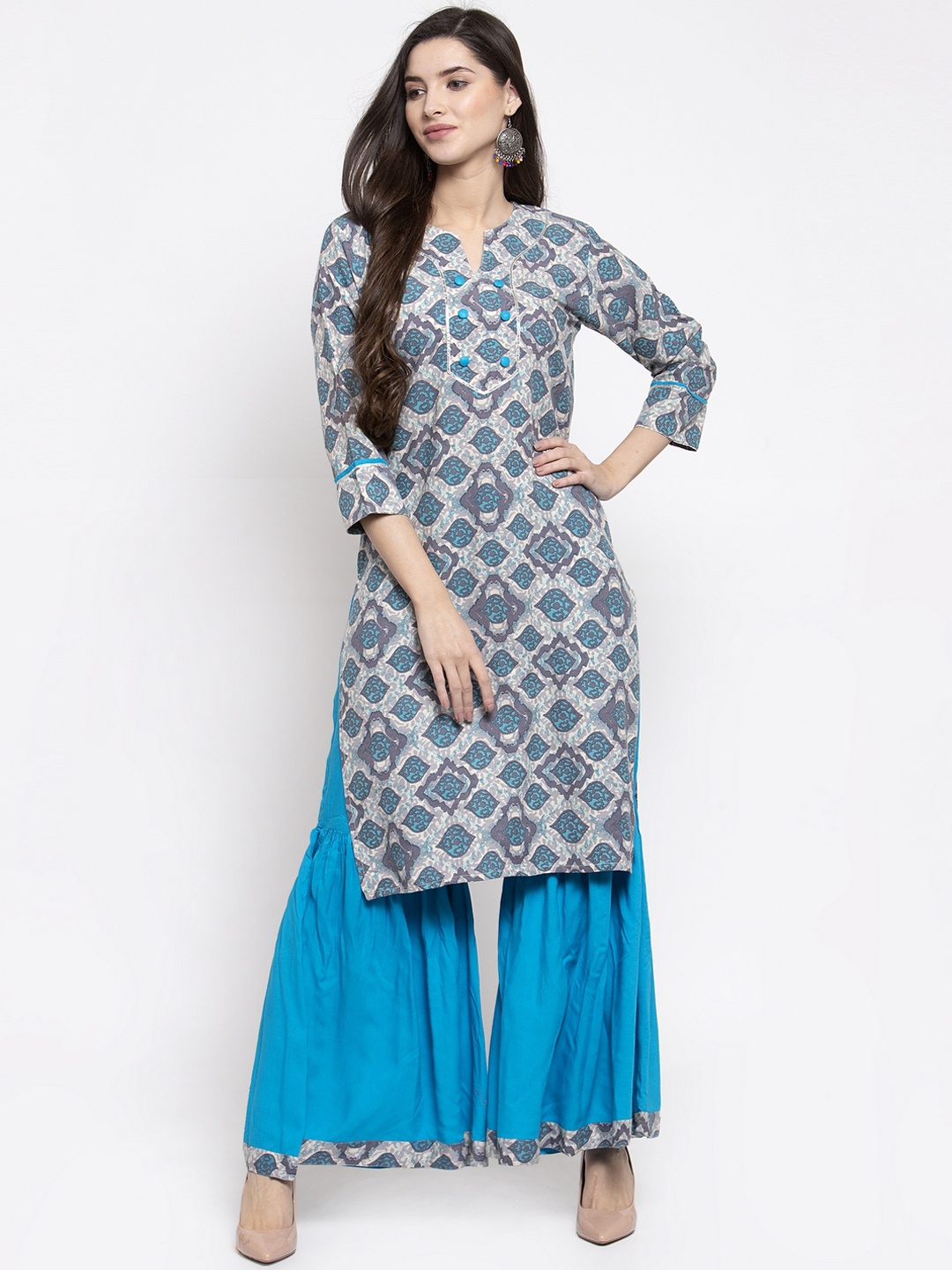 

Indibelle Women Grey & Blue Printed Kurti with Palazzos