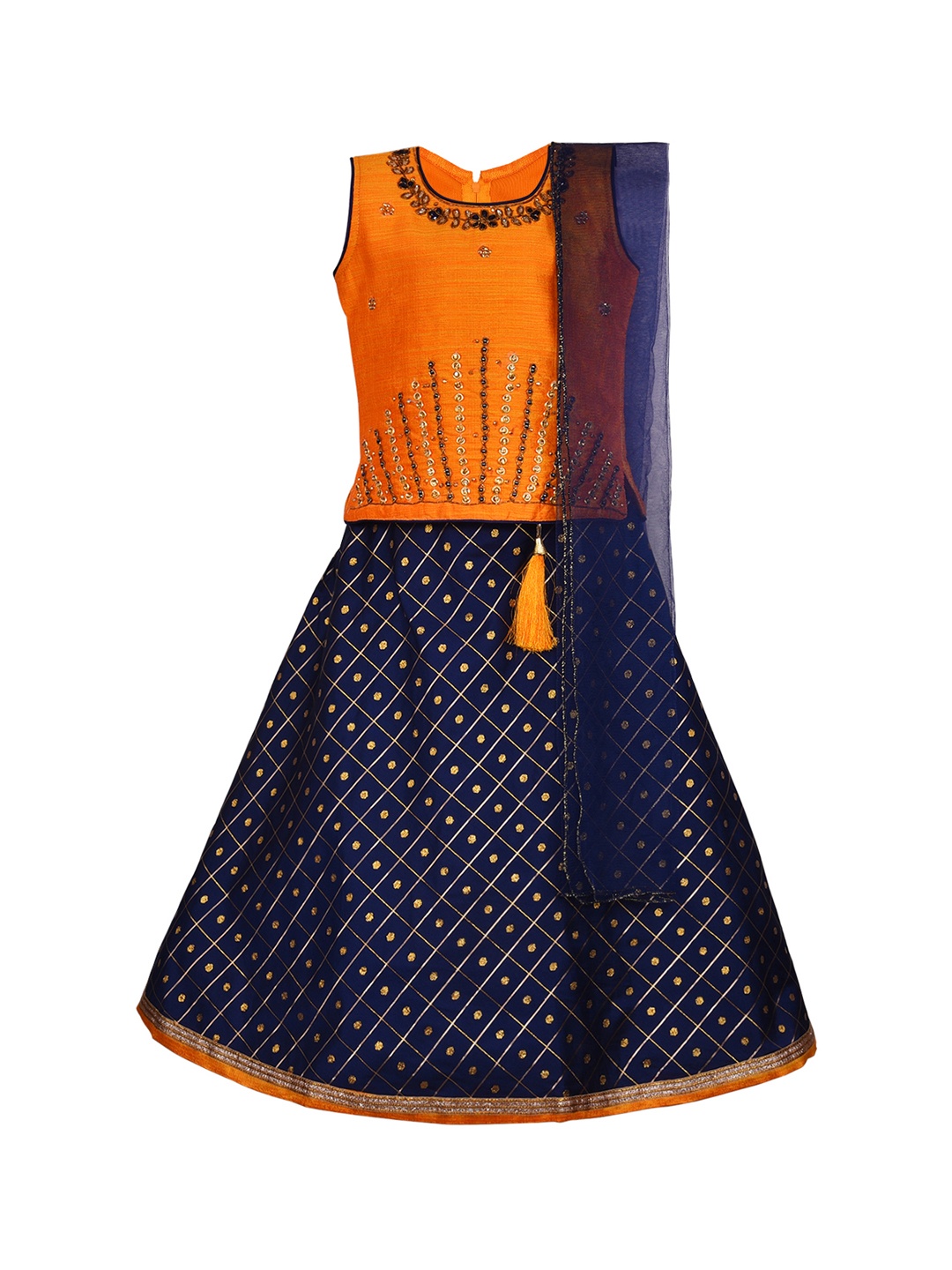 Wish Karo Girls Yellow & Navy Blue Embellished Ready to Wear Pattu Pavadai with Dupatta