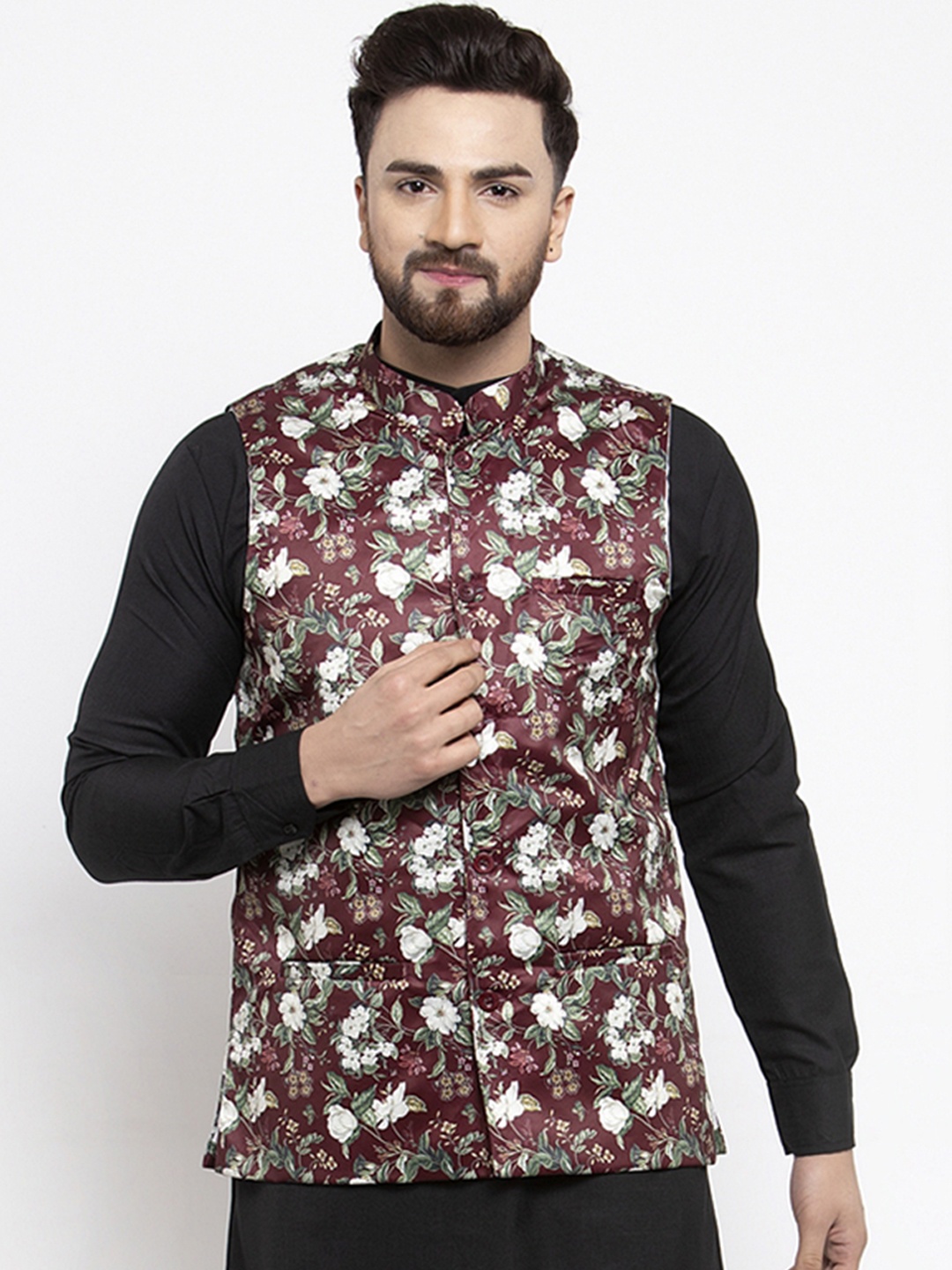 Jompers Men Maroon & White Printed Satin Nehru Jacket