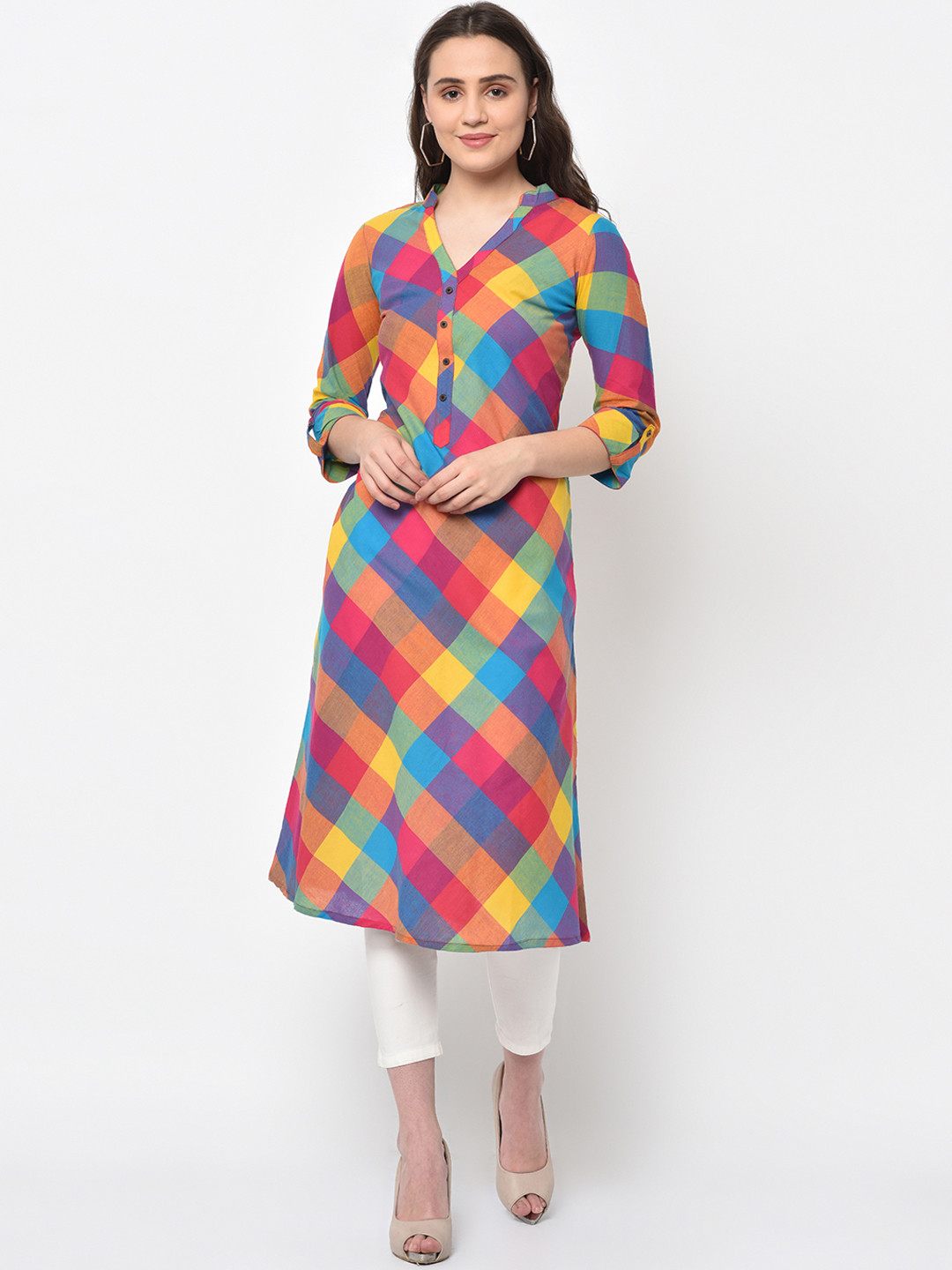 

FLAVIDO Women Blue & Red Checked A-Line Kurta