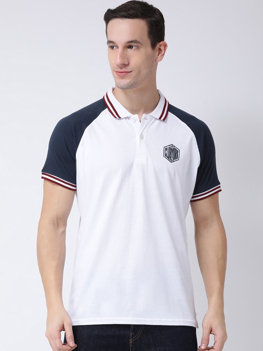 

Club York Men White & Navy Blue Colourblocked Polo Collar T-shirt